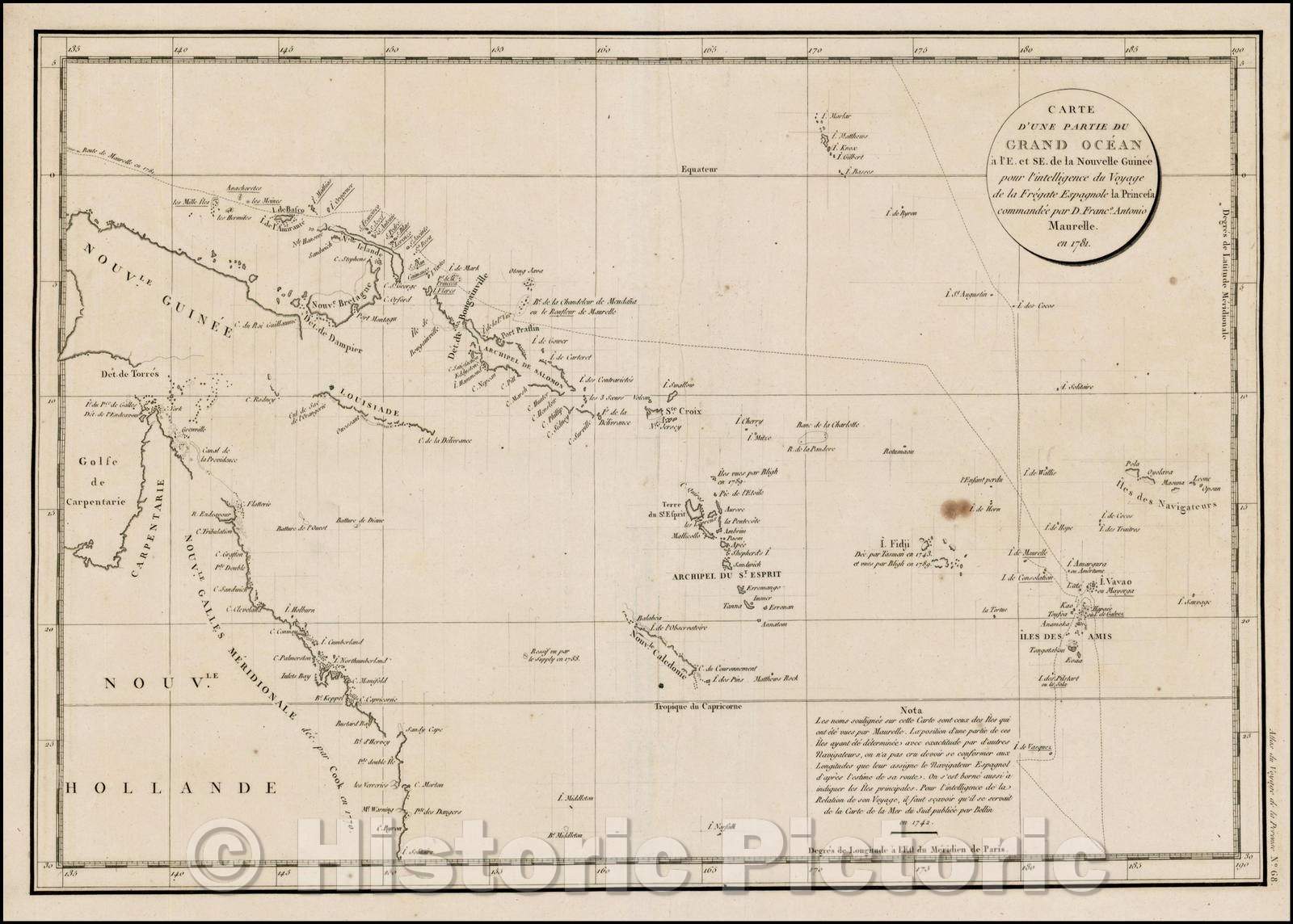 Historic Map - Carte D'Une Partie Du Grand Ocean a l'E. et S.E. de la Nouvelle Guinee pou :: Grand Ocean has E. and HE New Guinea, 1797 - Vintage Wall Art