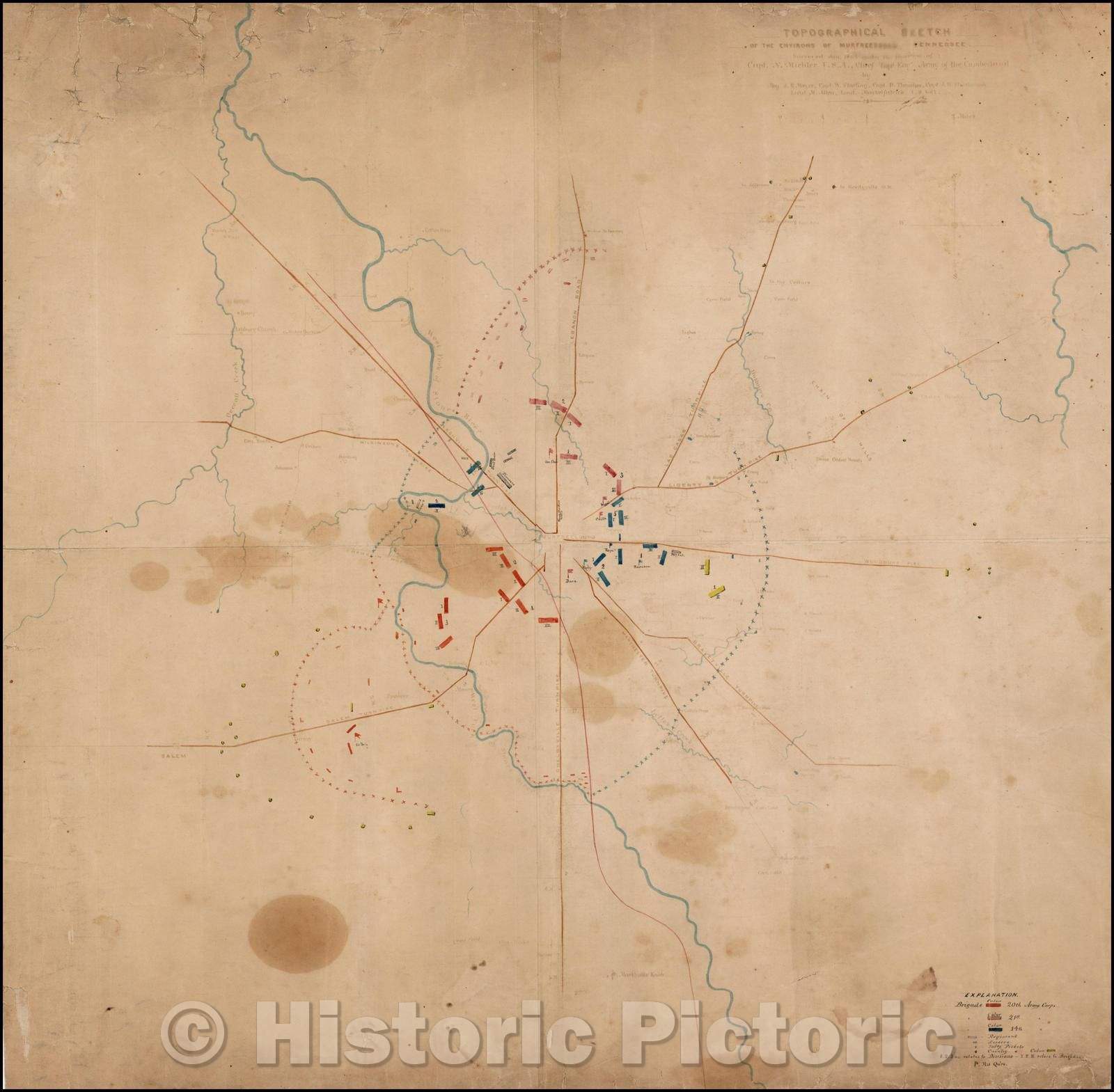 Historic Map - Topographical Sketch of the Environs of Murfreesboro Tennessee Surveyed Jan, 1863, J.E. Weyss - Vintage Wall Art