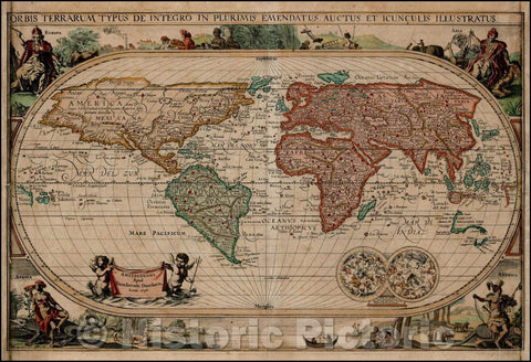 Historic Map - Orbis Terrarum Typus De Integro :: Double hemisphere of the world,Abel Tasman's Voyages to Australia and New Zealand, 1658, Dancker Danckerts - Vintage Wall Art
