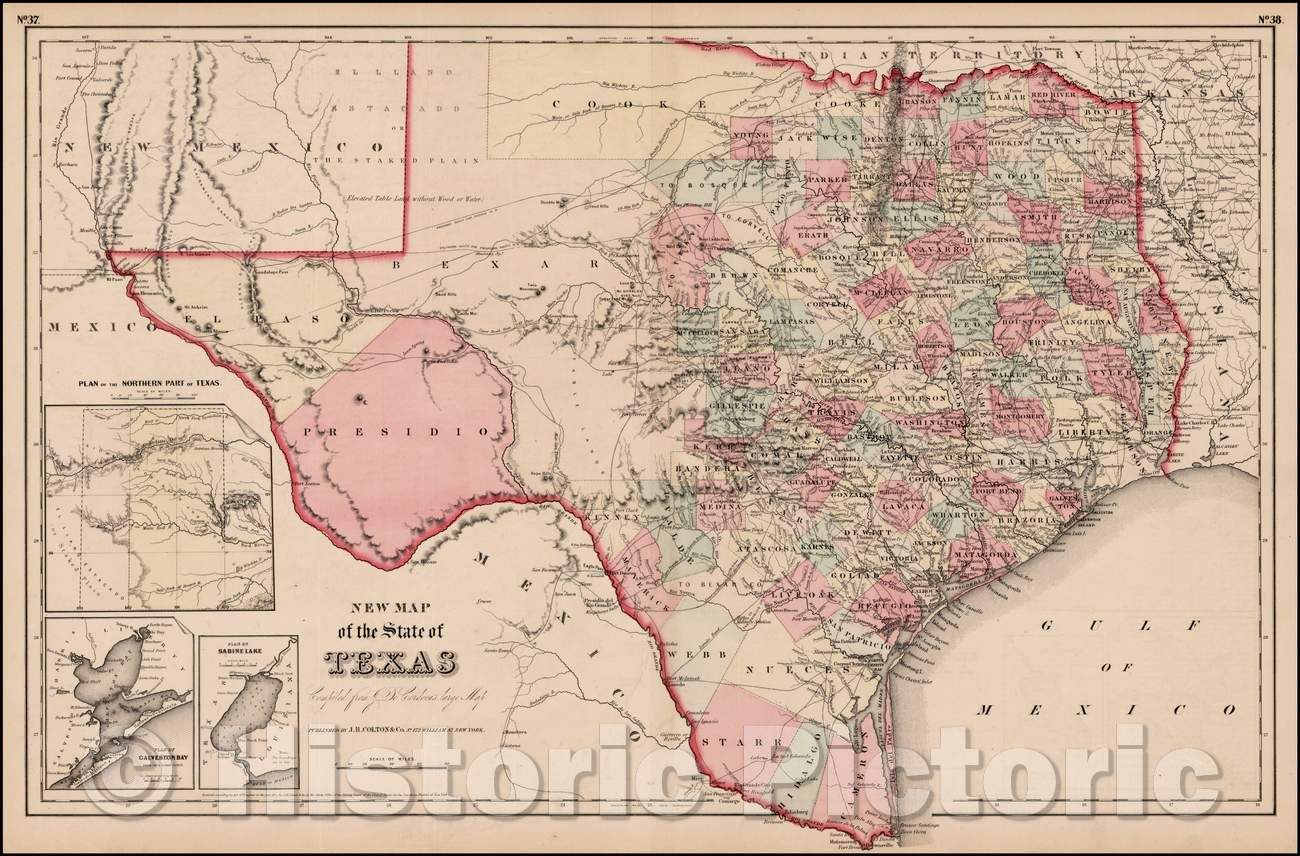 Historic Map New Map of the State of Texas, 1857, Joseph Hutchins Co