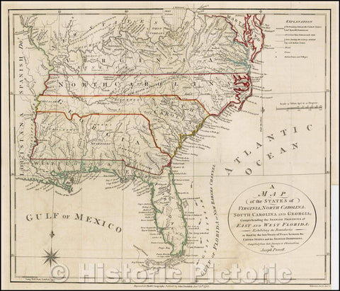 Historic Map - States of Virginia, North Carolina, South Carolina and Georgia; Comprehending the Spanish Provinces of East and West Florida: Exhibiting, 1792 - Vintage Wall Art