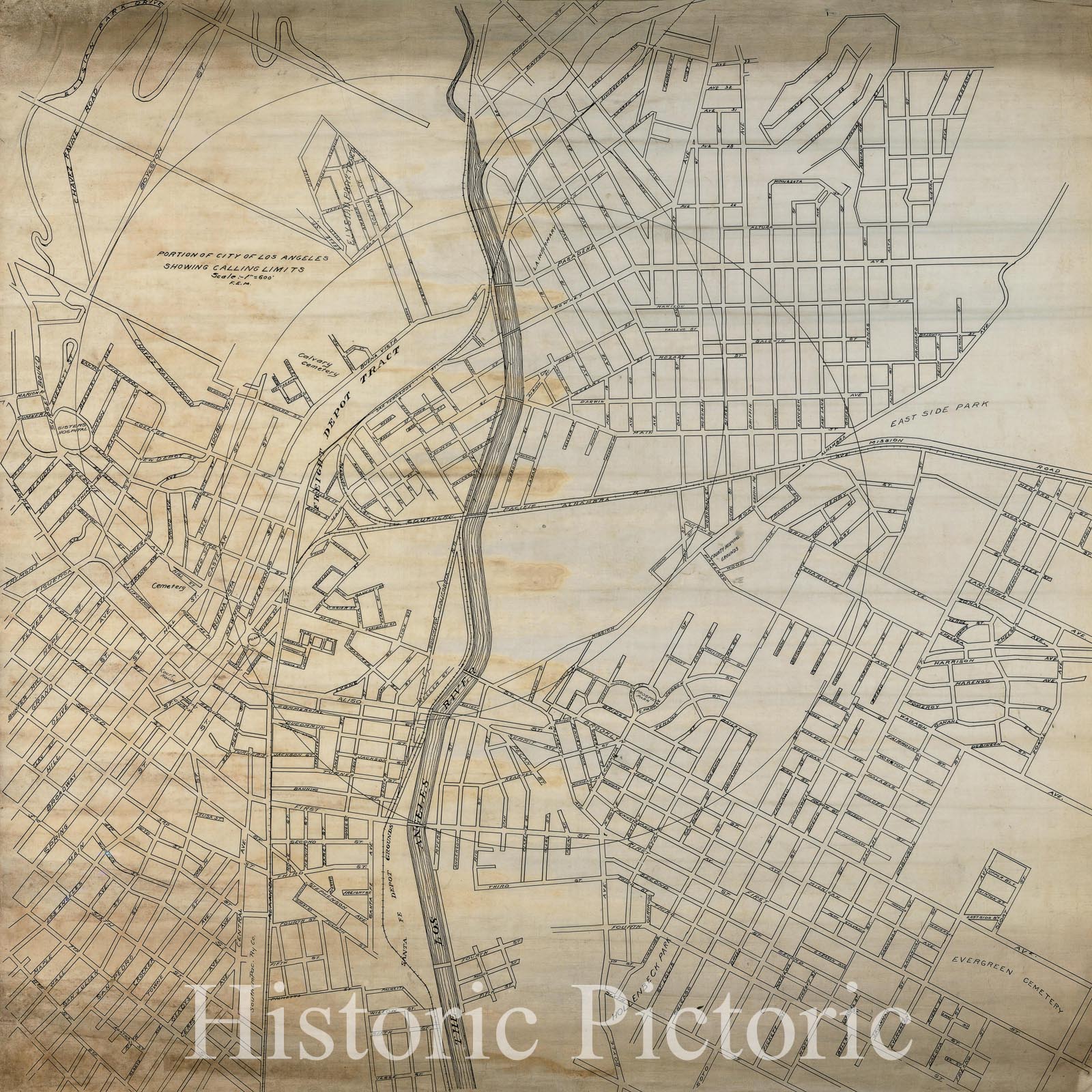 Historic Map - Map of Central Los Angeles - Downtown LA, Elysian Park, Montecito Heights, Boyle Heights, Hollenbeck Park, 1910 - Vintage Wall Art