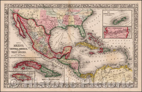 Historic Map - Map of Mexico, Central America, and the West Indies [Bermuda and Cuba Insets], 1862, Samuel Augustus Mitchell Jr. - Vintage Wall Art