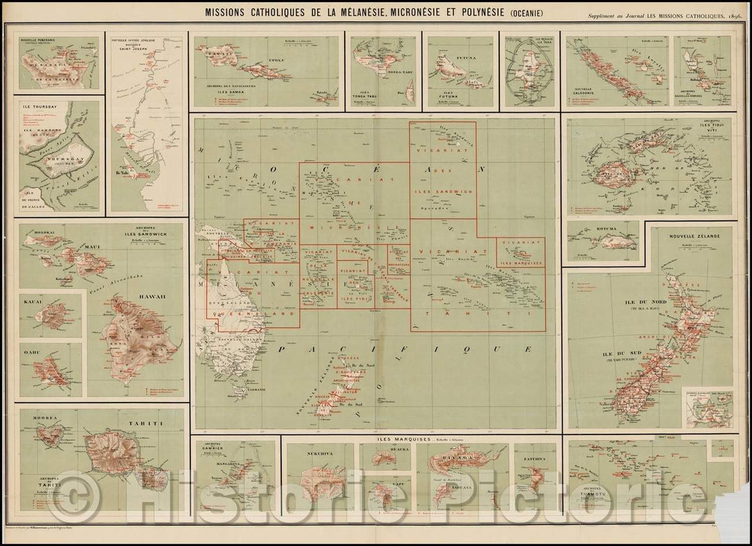 Historic Map - Missions Catholiques De La Melanesie, Micronesie et Polynesie Oceanie, 1896, Journal Les Missions Catholiques - Vintage Wall Art