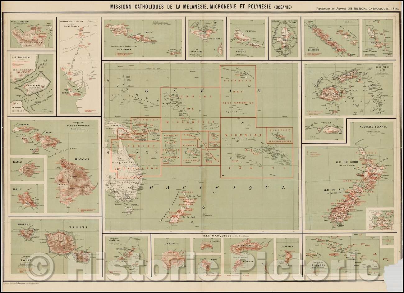 Historic Map - Missions Catholiques De La Melanesie, Micronesie et Polynesie Oceanie, 1896, Journal Les Missions Catholiques - Vintage Wall Art