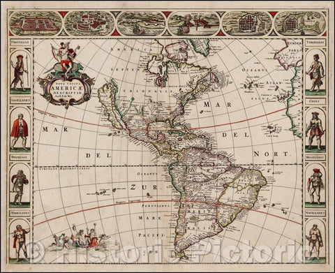 Historic Map - Nova Totius Americae Descriptio Auct. F. / First state of De Wit's Map of America, published in Amsterdam in 1660, 1666, Frederick De Wit - Vintage Wall Art