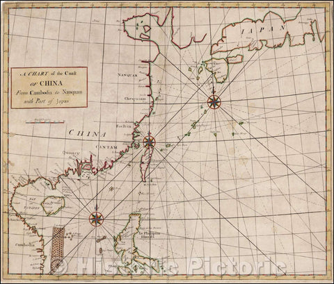 Historic Map - Chart of the Coast of China from Cambodia to Nanquam with Part of Japan, 1728, John Senex - Vintage Wall Art