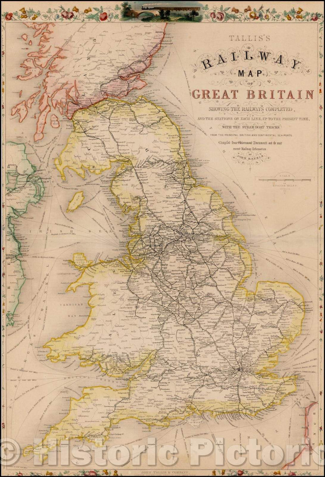 Historic Map - Railway Map of Great Britain Showing The Railways Completed, and the Stations on Each Line, 1850, John Tallis - Vintage Wall Art