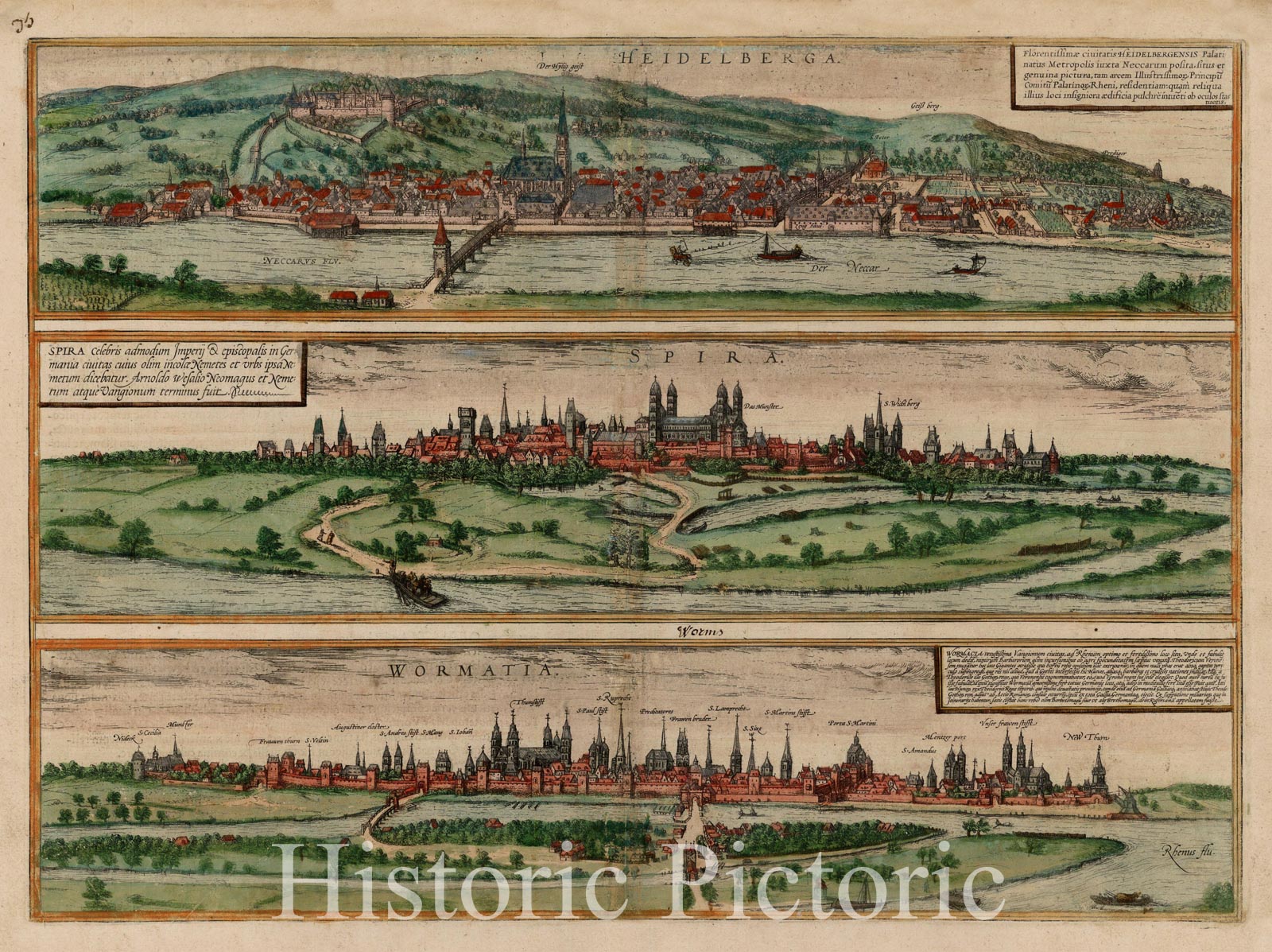 Historic Map - Heidelberga [and] Spira [and] Wormatia, 1575, Georg Braun - Vintage Wall Art