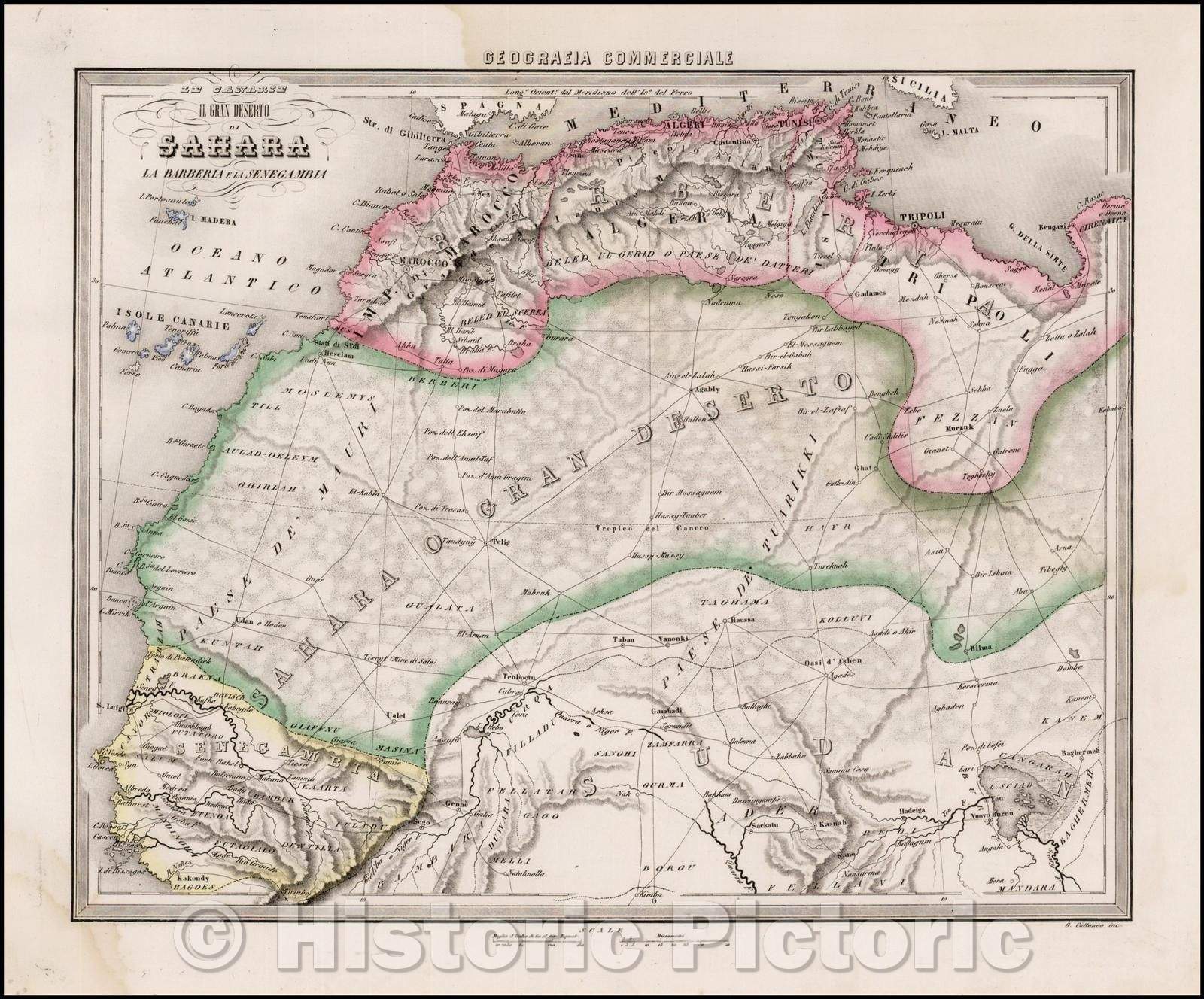 Historic Map - I Gran Deserto De Sahara, La Barbaria e la Senegambia/Map of Northern and Western Africa, 1850, Francesco Marmocchi - Vintage Wall Art