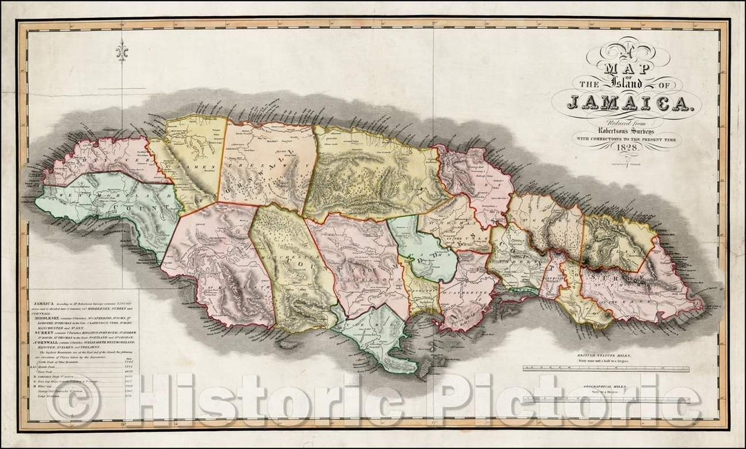 Historic Map - Island of Jamaica. Reduced from Robertson's Surveys With Corrections to the Present Time, 1828, Robert Scott - Vintage Wall Art