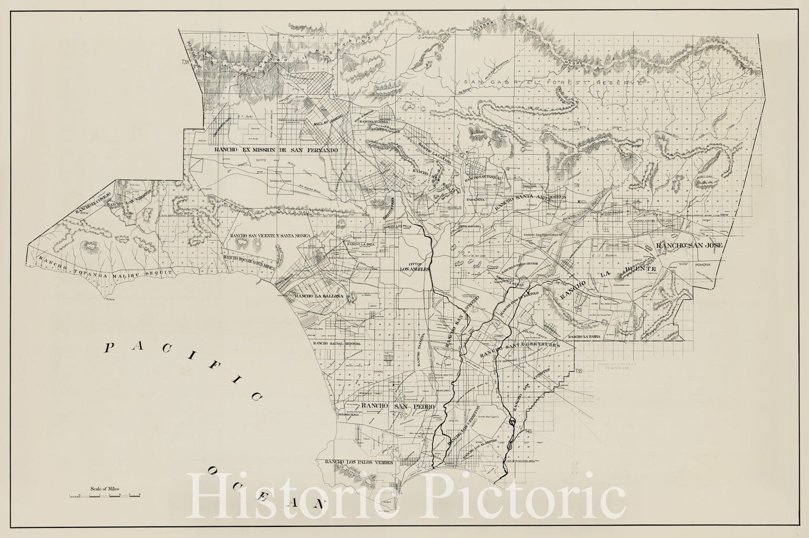 Historic Map - Map of the Los Angeles Basin, Showing The Early Ranchos, 1900, Southern Pacific Railroad Company - Vintage Wall Art