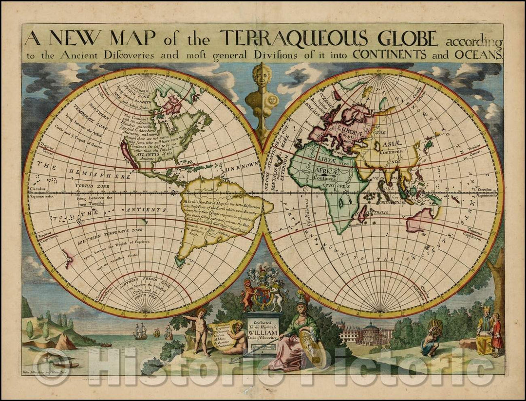 Historic Map - The Terraqueous Globe according to the Ancient Discoveries and most general Divisions of it into Contienents and Oceans, 1700, Edward Wells v3