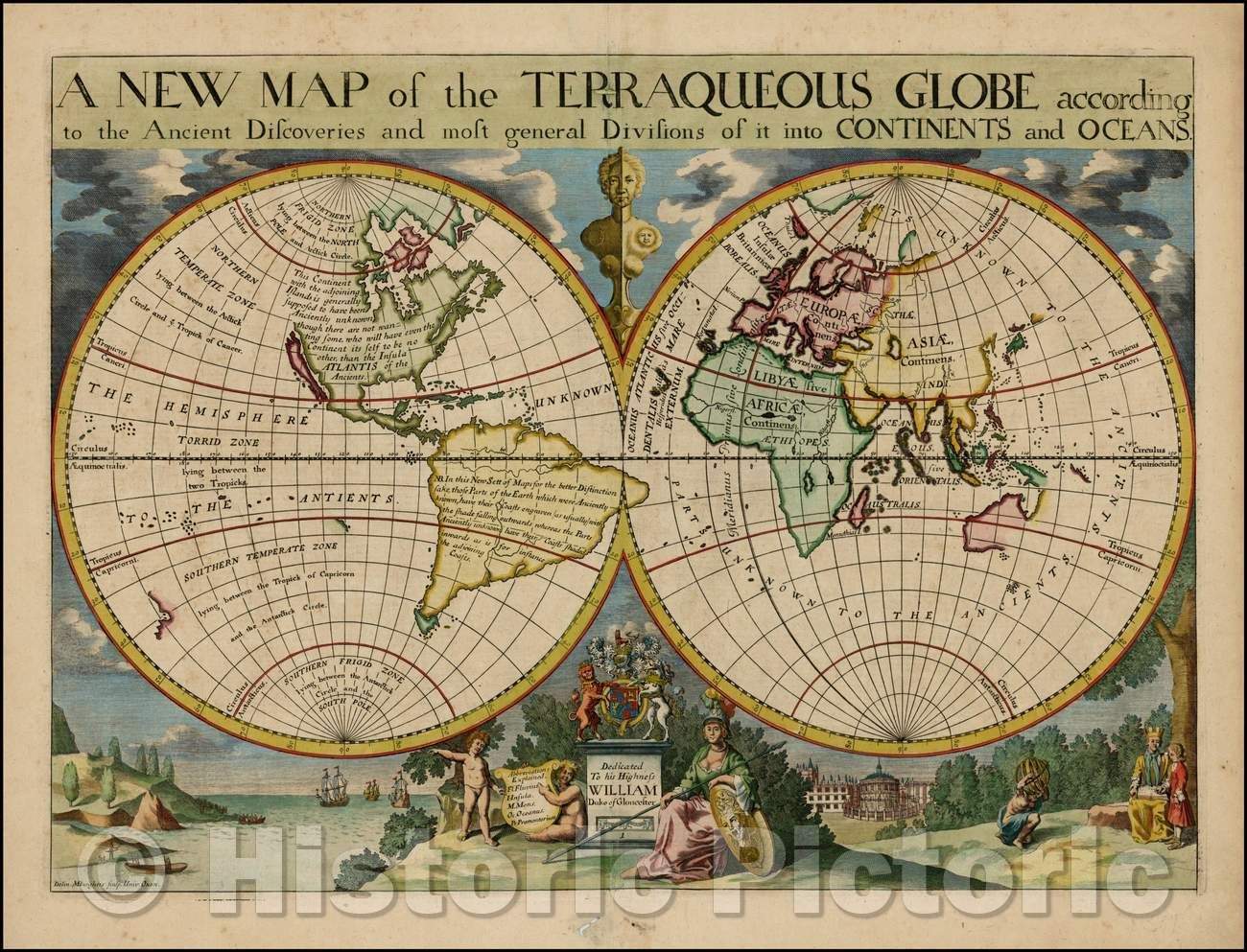 Historic Map - The Terraqueous Globe according to the Ancient Discoveries and most general Divisions of it into Contienents and Oceans, 1700, Edward Wells v3