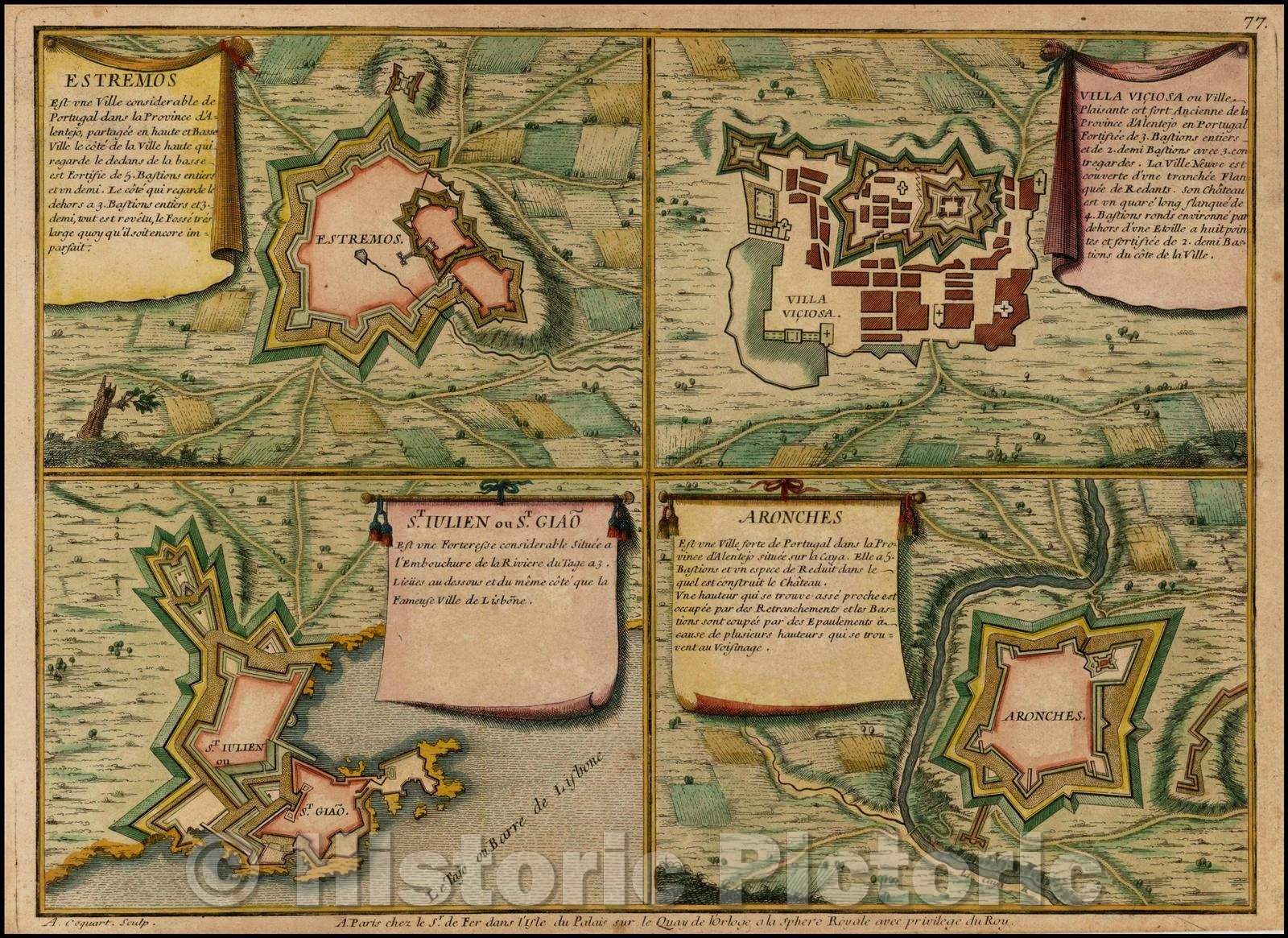 Historic Map - Estremos (with) Villa Viciosa (with) St. Iulien ou St. Giao / 4 Plans of fortified towns in Portugal, from De Fer's Atlas Curixeux, 1705 - Vintage Wall Art