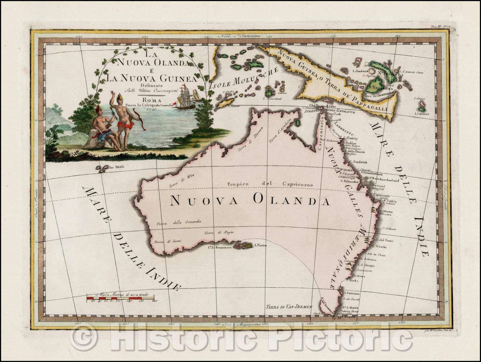 Historic Map - La Nuova Olanda E La Nuova Guinea Delineate Sulle Ultime Osserazione/Map of Australia, with large title cartouche, 1798 - Vintage Wall Art