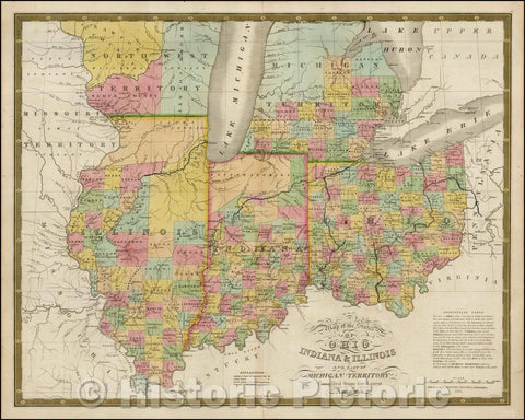 Historic Map - Map of the States of Ohio Indiana & Illinois, with Part of Michigan Territory, 1831, Samuel Augustus Mitchell - Vintage Wall Art
