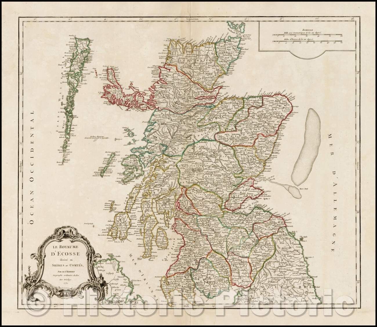 Historic Map - Le Royaume D'Ecosse divise en Shires ou Comtes, 1751, Gilles Robert de Vaugondy - Vintage Wall Art