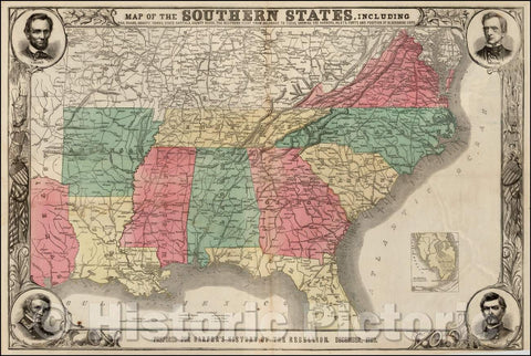 Historic Map - Map of the Southern States, Including Rail Roads, County Towns, State Capitals, County Roads, The Southern Coast From Delaware To Texas, 1863 v1
