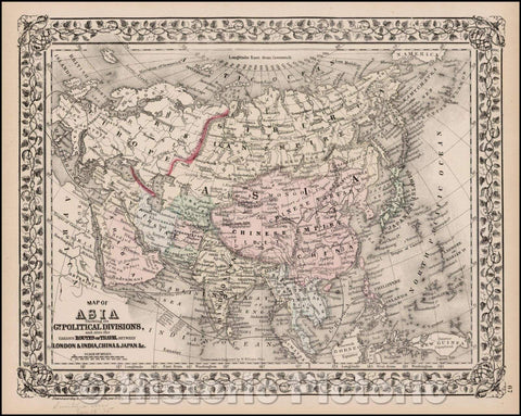 Historic Map - Map of Asia Showing its Gt. Political Divisions and.Routes of Trade between London & India, China, Japan, 1871, Samuel Augustus Mitchell Jr. v2