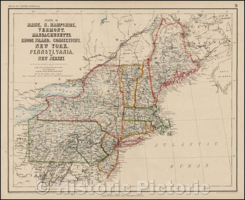 Historic Map - States of Maine, N. Hampshire, Vermont, Massachusettes, Rhode Island, Connecticut, New York, Pennsylvania, and New Jersey, 1857 - Vintage Wall Art