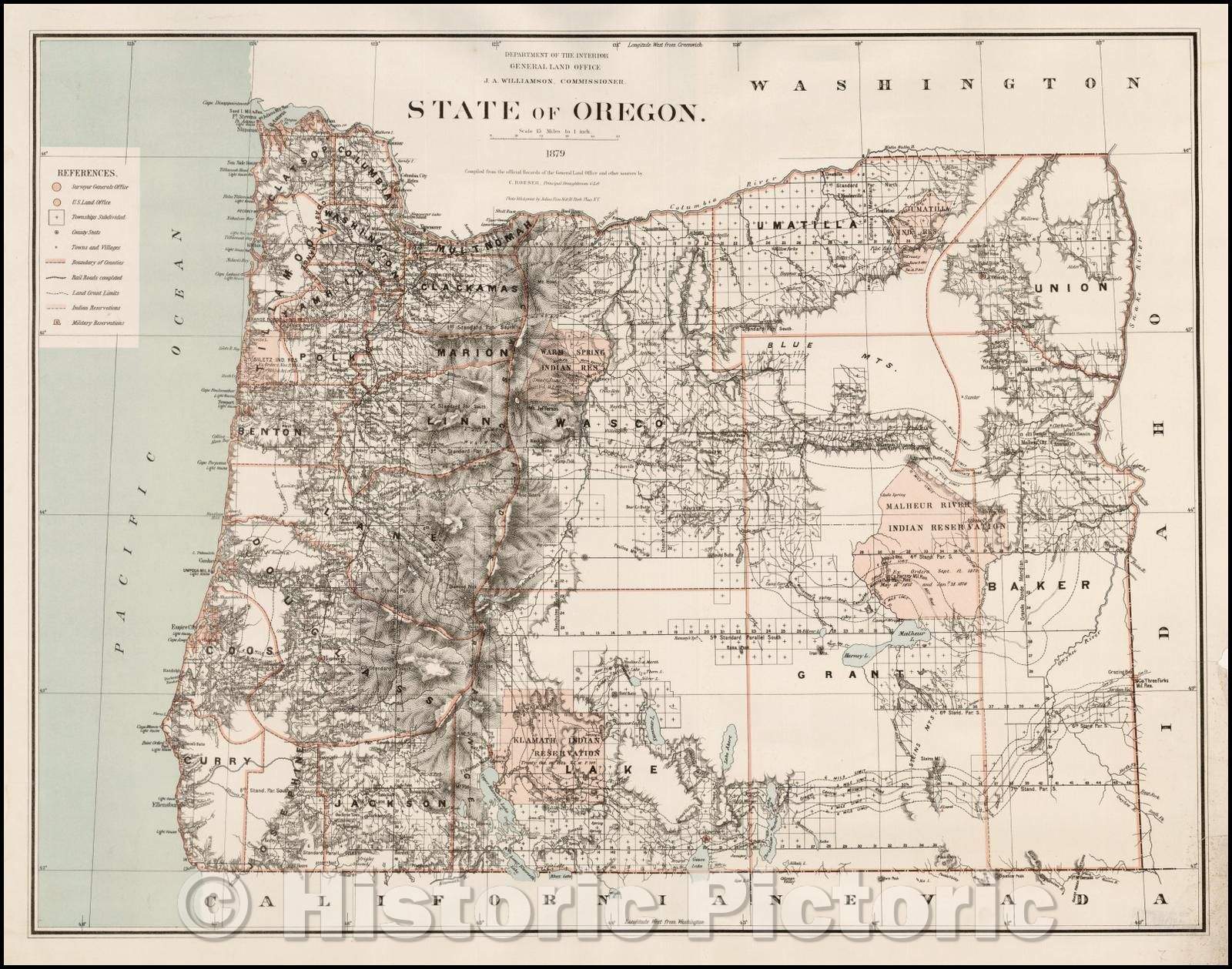 Historic Map - State of Oregon, 1879, U.S. General Land Office - Vintage Wall Art