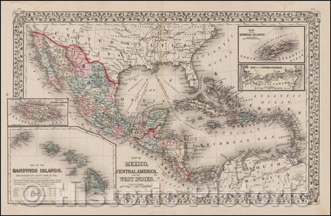 Historic Map - Map of Mexico, Central America, and the West Indies [Insets of Bermuda, Sandwich Islands, Jamaica and Panama Railroad], 1878 - Vintage Wall Art