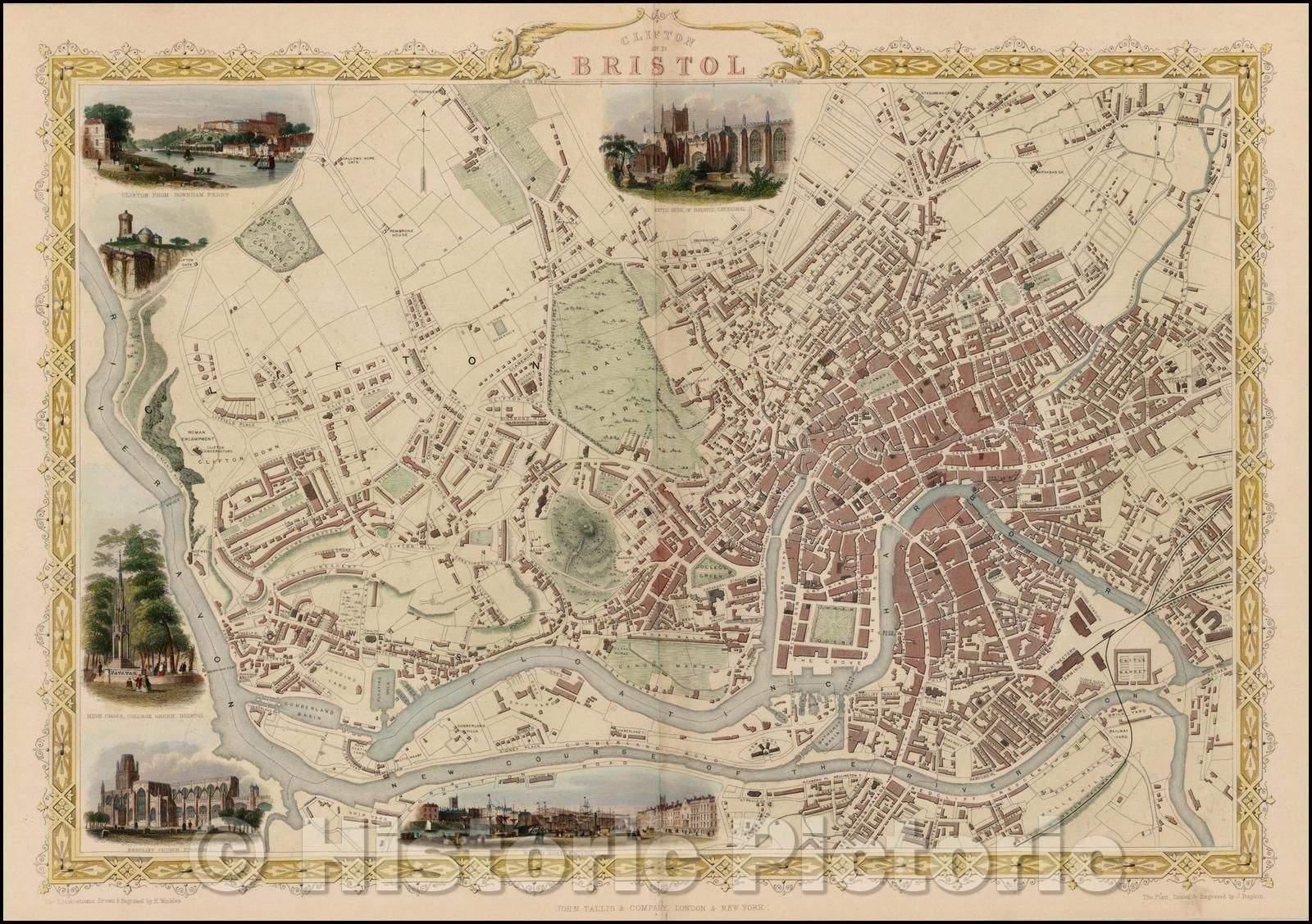 Historic Map - Clifton and Bristol, 1851, John Tallis - Vintage Wall Art