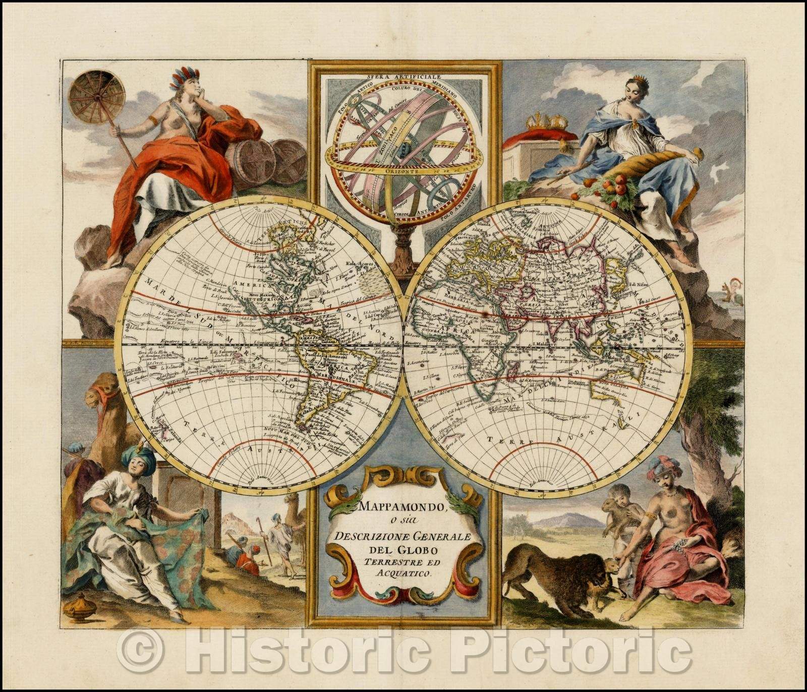 Historic Map - Mappamondo o sia Descrizione Generale Del Globo Terrestre Ed Acquatico/Albrizzi's Double hemipshere Map of World, 1750, Giambattista Albrizzi - Vintage Wall Art