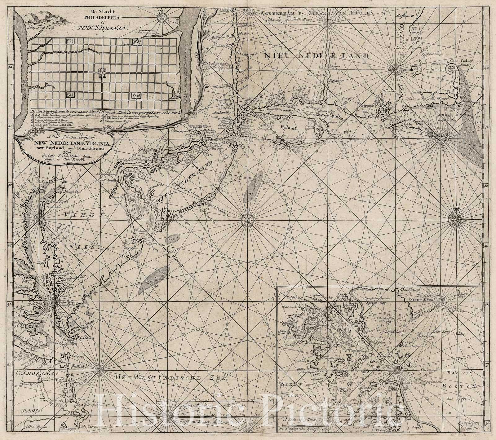 Historic Map - A Chart of the Sea Coasts of New Neder Land, Virginia, New-England, and Penn-Silvania, With the Citty of Philadelphia, 1700, Gerard Van Keulen - Vintage Wall Art