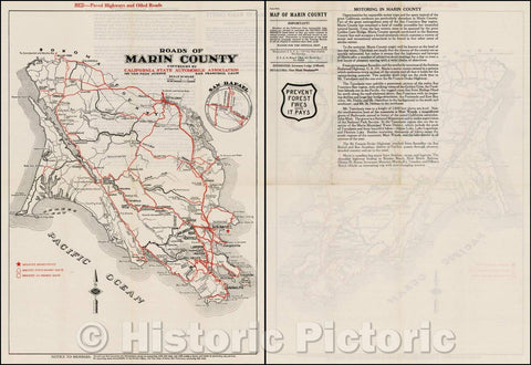 Historic Map - Roads of Marin County, 1938, California State Automobile Association - Vintage Wall Art