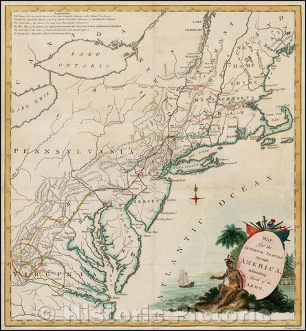 Historic Map - Map for the Interior Travels through America, delineating the March of the Army, 1789, Thomas Condor - Vintage Wall Art