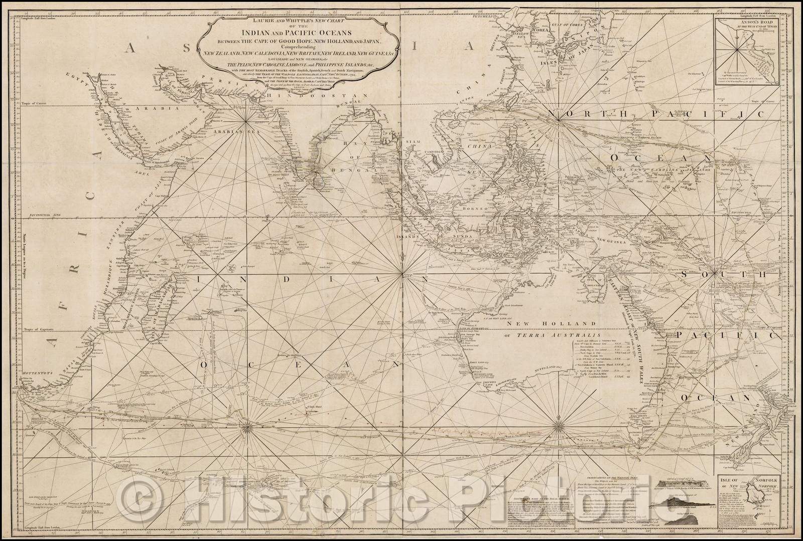 Historic Map - Laurie and Whittle's New Chart of the Indian and Pacific Oceans Between the Cape of Good Hope, New Holland and Japan, 1800, Laurie & Whittle - Vintage Wall Art