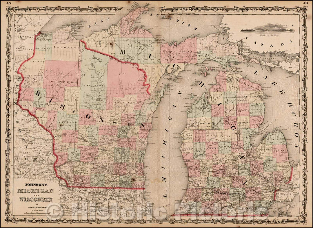 Historic Map - Johnson's Michigan and Wisconsin, 1861, Alvin Jewett Johnson v1