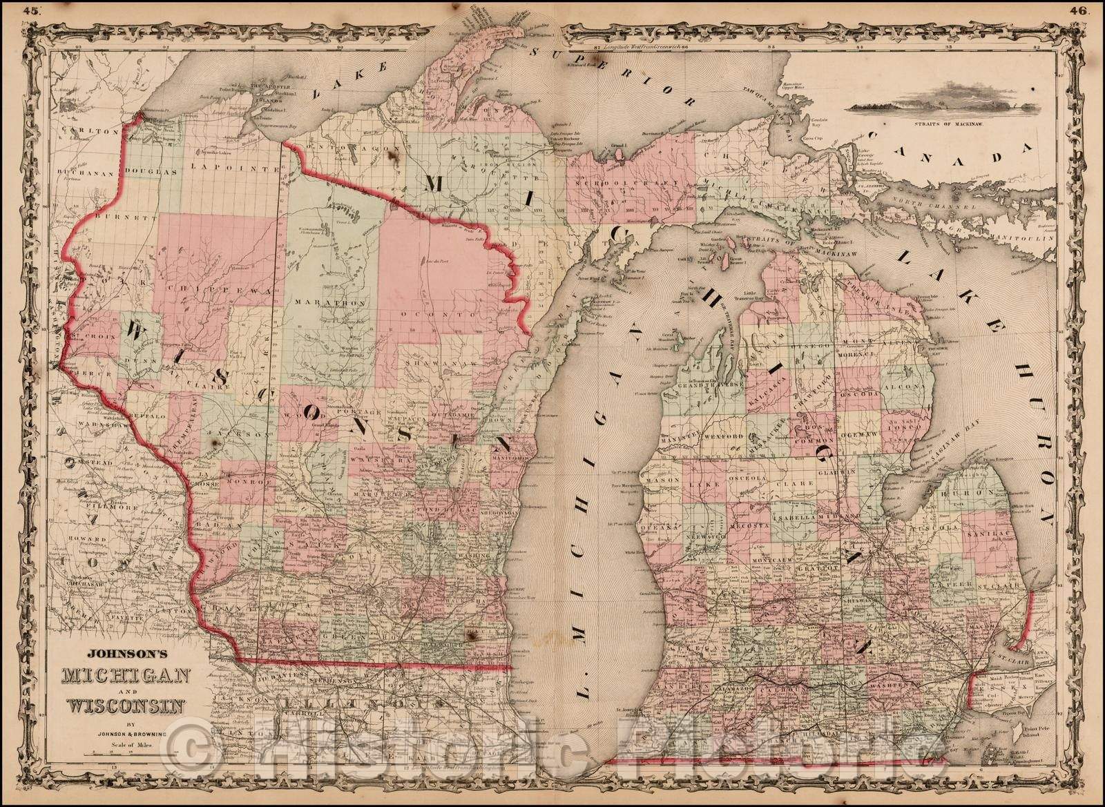 Historic Map - Johnson's Michigan and Wisconsin, 1861, Alvin Jewett Johnson v1