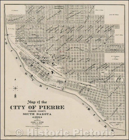 Historic Map - Map of the City of Pierre, Hughes County, South Dakota, 1894, Kendall & Ellsworth - Vintage Wall Art