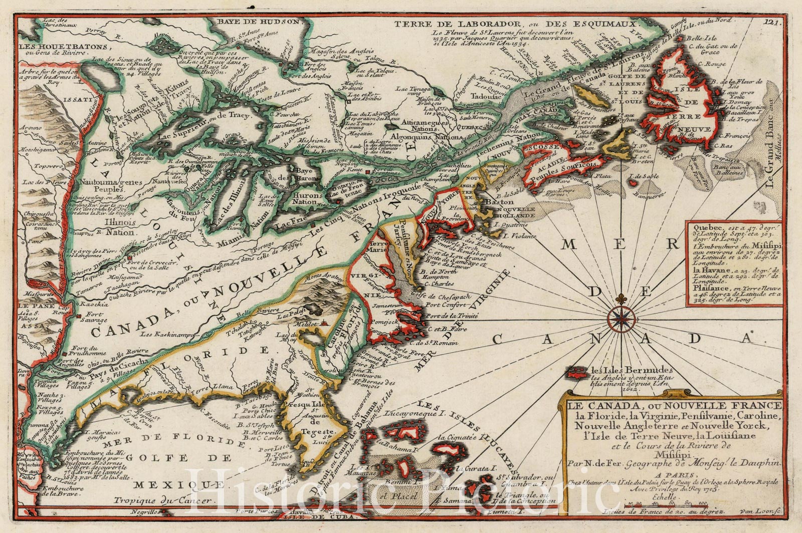 Historic Map - Le Canada, ou Nouvelle France, la Floride, Canada, or New France, Florida, Virginia, Pennsylvania, Carolina, New England, 1705 - Vintage Wall Art