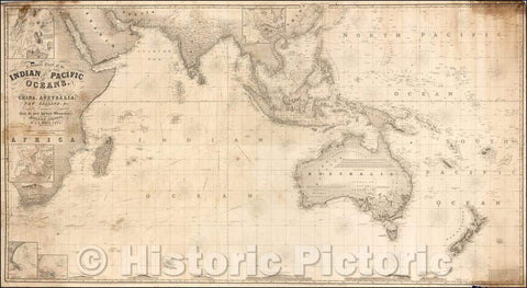 Historic Map - A General Chart of the Indian and Part of the Pacific Oceans, Showing the various Passages to & from China, Australia, New Zealand, 1870 - Vintage Wall Art