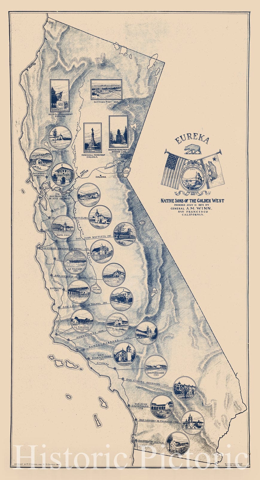 Historic Map - Native Sons of the Golden West Founded July 11, 1875, 1920, M. C. London - Vintage Wall Art