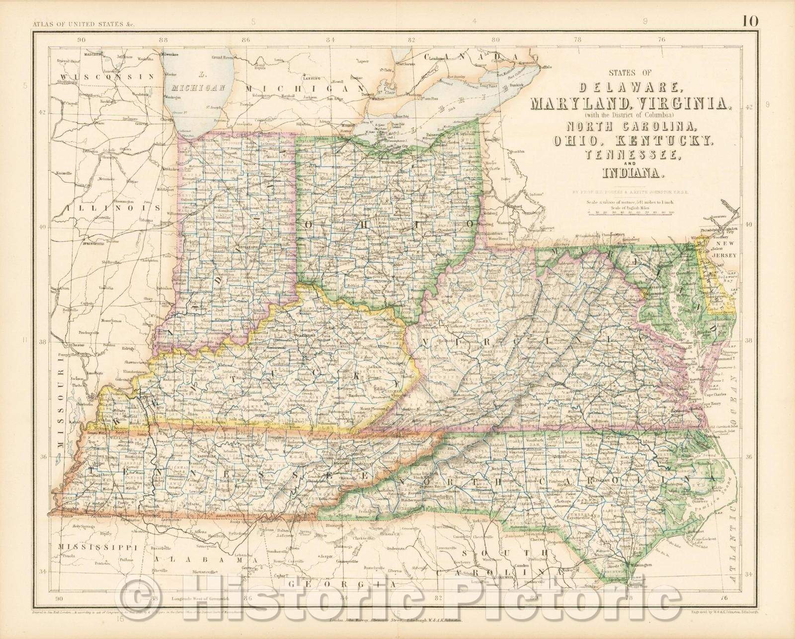 Historic Map - States of Delaware, Maryland, Virginia, (with District of Columbia) North Carolina, Ohio, Kentucky, Tennessee, and Indiana, 1857 - Vintage Wall Art