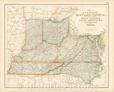 Historic Map - States of Delaware, Maryland, Virginia, (with District of Columbia) North Carolina, Ohio, Kentucky, Tennessee, and Indiana, 1857 - Vintage Wall Art