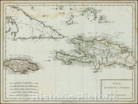 Historic Map - Carte Des Isles De La Jamaique et De St. Domingue :: Jamaica, Haiti, Eastern Cuba qand part of the Bahamas, rom Mentelle and Chanlaire's, 1798 - Vintage Wall Art