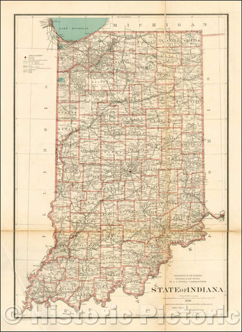 Historic Map - State of Indiana, 1886, General Land Office - Vintage Wall Art