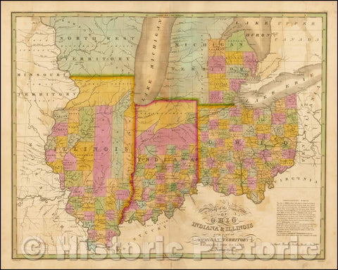 Historic Map - Map of the States of Ohio Indiana & Illinois, with Part of Michigan Territory, 1825, Anthony Finley - Vintage Wall Art