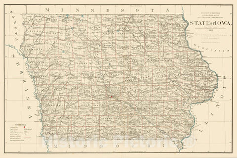 Historic Map - State of Iowa, 1885, U.S. General Land Office - Vintage Wall Art