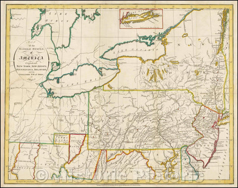 Historic Map - Map of the Middle States of America. Comprehends New-York, New-Jesey, Pennsylvania, Delaware and the Territory N.W. of Ohio, 1794, John Russell v2