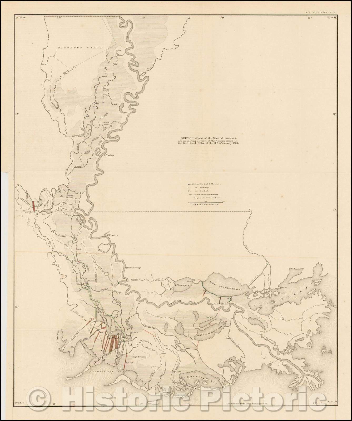 Historic Map - Sketch of part of the State of Louisiana accompanying a report of the Commissioner of The Genl. Land Office of the 12th of January 1829, 1829 - Vintage Wall Art