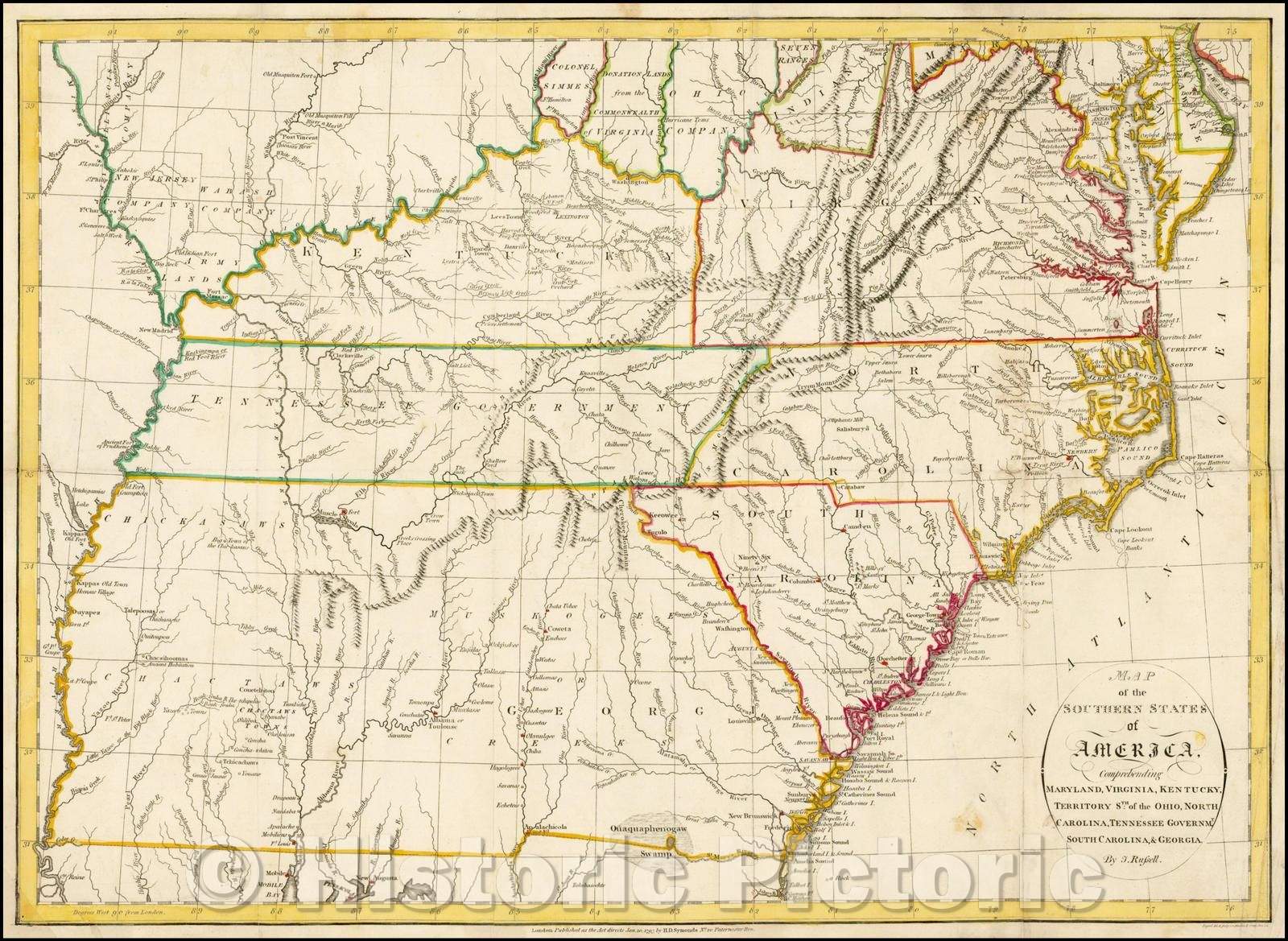Historic Map - Map of the Southern States of America, Comprehending Maryland, Virginia, Kentucky, Territory South of the Ohio, North Carolina, Tennesseee, 1794 v2