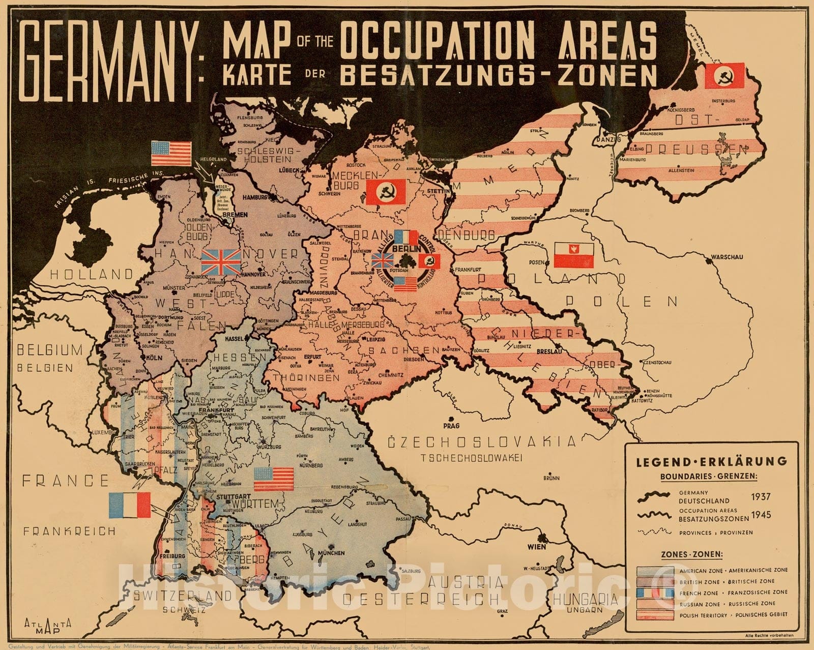 Historic Map - Germany: Map of the Occupation Areas/Map depicts Germany and Central Europe in the immediate wake of World War II, 1945, Atlanta Map - Vintage Wall Art