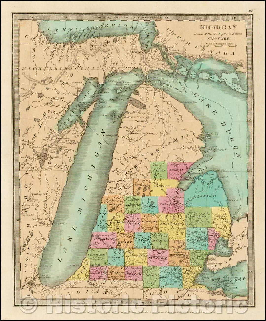 Historic Map - Michigan, 1834, David Hugh Burr - Vintage Wall Art
